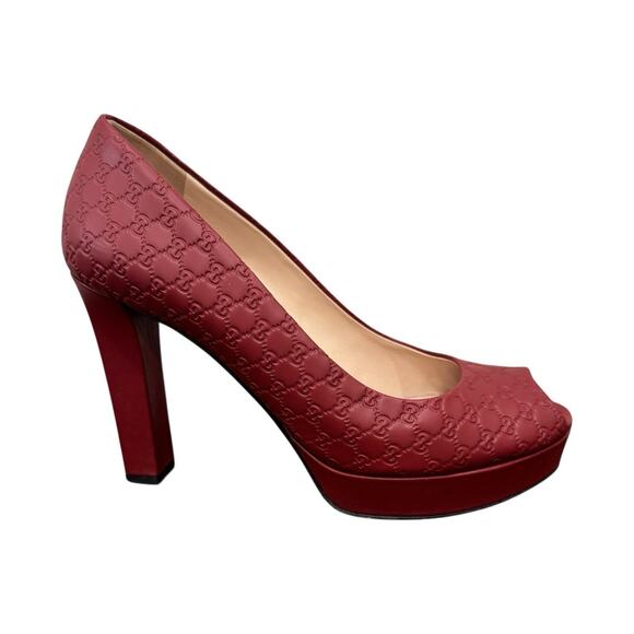 Gucci Guccissima Leather GG Pumps Peep Toe Platform Size 37 EU 7 US Burgundy - Picture 3 of 12